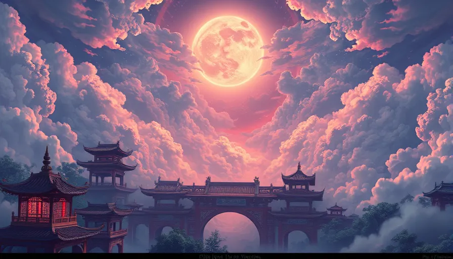 Ancient Chinese landscape with mountains and mist